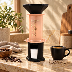 Aeropress Cafeteira YuroPress Laranja em bancada de cozinha com caneca e grãos de café