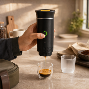 Cafeteira portatil preta Lumi Homi extraindo espresso sem copo inferior acoplado