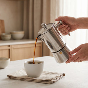 Cafe sendo servido da cafeteira italiana moka inox Amalfi