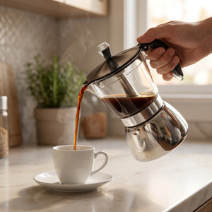 Cafeteira italiana Milano servindo cafe em xicara