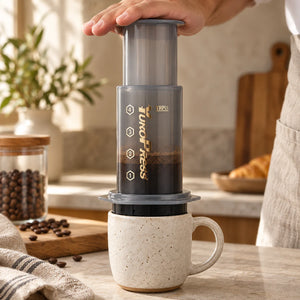 Mãos pressionam a Aeropress Cafeteira YuroPress Cinza sobre uma caneca de cerâmica