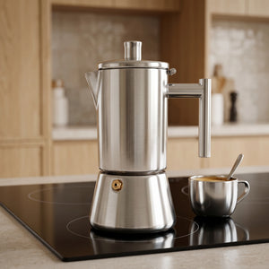 Cafeteira italiana Amalfi em aco inox sobre cooktop de inducao