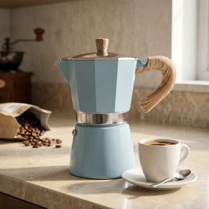 Cafeteira italiana Torino Azul com café servido