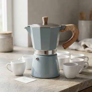 Cafeteira italiana Torino Azul com seis xícaras pequenas