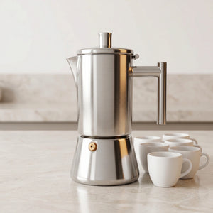 Cafeteira italiana Amalfi 300 ml ao lado de seis xicaras pequenas