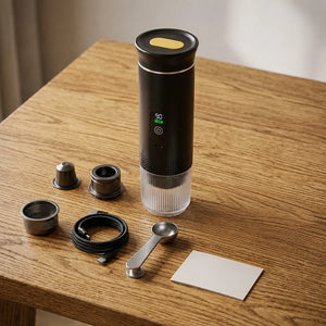 Itens inclusos da cafeteira portatil preta com visor com adaptadores cabo USB-C colher e manual