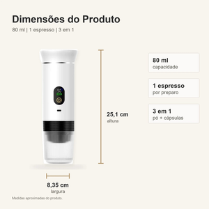Dimensões da Cafeteira Portátil 3 em 1 Branca com Visor Lumi Homi