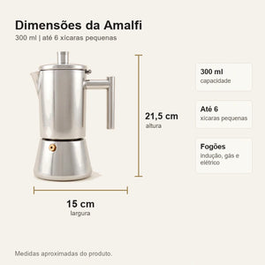 Dimensoes da cafeteira italiana Amalfi 21,5 cm por 15 cm e capacidade 300 ml