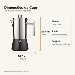 Dimensoes da cafeteira italiana Capri 300 ml