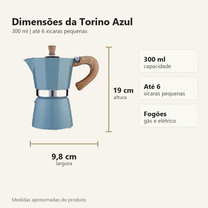 Dimensões da cafeteira italiana Torino Azul 19 cm por 9,8 cm