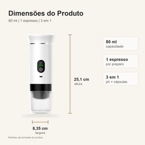 Dimensoes e capacidade da cafeteira portatil branca com visor