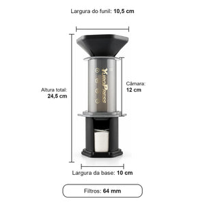 Medidas da Aeropress Cafeteira YuroPress Cinza: altura 24,5 cm, funil 10,5 cm, base 10 cm, câmara 12 cm e filtros 64 mm