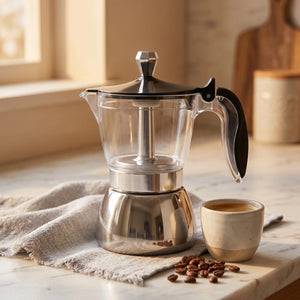 Cafeteira italiana Milano em bancada com xicara e cafe