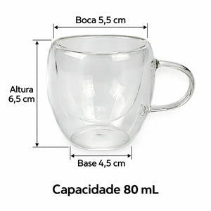 Medidas da xícara com alça: altura 6,5 cm, boca 5,5 cm, base 4,5 cm e capacidade de 80 mL