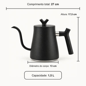 Medidas da Chaleira Lucerna preta: 27 cm de comprimento, 13 cm de diâmetro e 17,5 cm de altura
