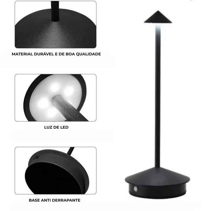 Luminária de Mesa em Led Recarregável Preta Modelo Vellum
