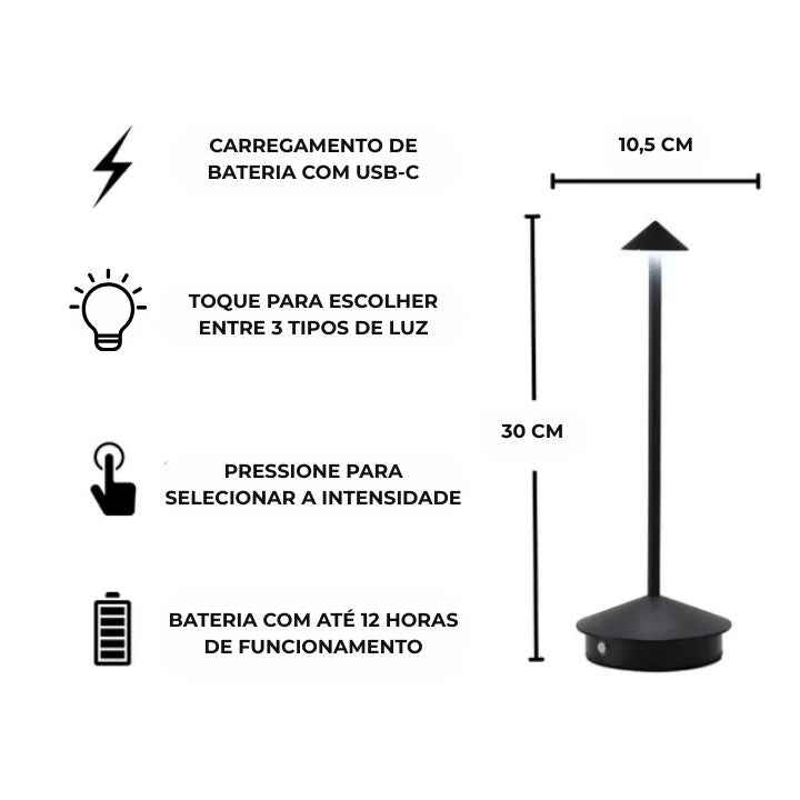Luminária de Mesa em Led Recarregável Preta Modelo Vellum