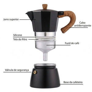 Cafeteira moka preta 300 ml desmontada mostrando os três compartimentos
