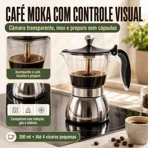 Cafeteira Italiana Milano Inox Luxo com café moka e controle visual do preparo