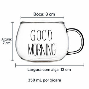 Xícara Good Morning Lumi Homi com estampa preta: boca 8 cm, altura 7 cm, largura total com alça 12 cm e capacidade 350 mL