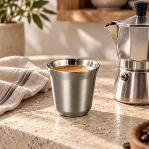 Xícara de café inox cinza Lumi Homi com café ao lado de uma cafeteira italiana sobre a bancada