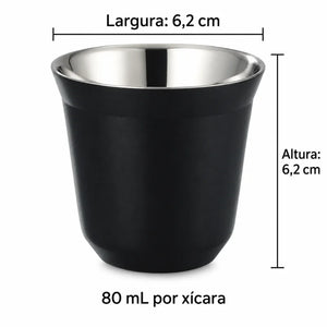 Medidas da xícara de café inox preto Lumi Homi: altura 6,2 cm, largura externa 6,2 cm e capacidade 80 mL