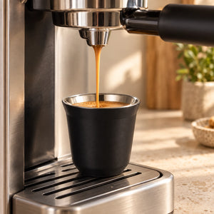 Xícara de café inox preta Lumi Homi recebendo café sob o bico de uma máquina de espresso