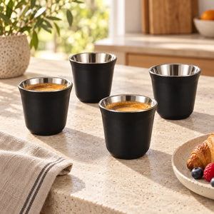 Quatro xícaras de café inox pretas Lumi Homi em uma mesa de café da manhã, duas com café