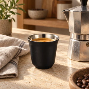 Xícara de café inox preta Lumi Homi com café ao lado de uma cafeteira italiana sobre a bancada