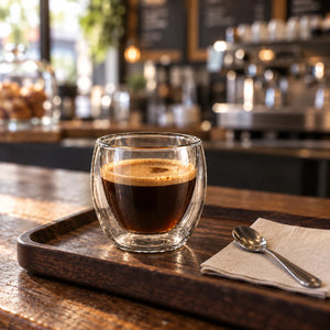 Xícara de vidro parede dupla com espresso em bandeja de cafeteria