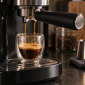 Xícara de vidro parede dupla recebendo espresso na máquina de café