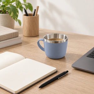 Xícara azul-acinzentada com café sobre mesa de trabalho junto a caderno, caneta e notebook