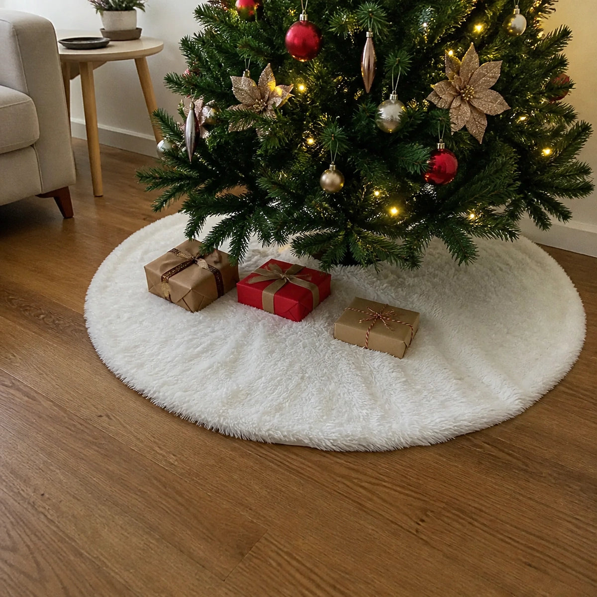 Saia para árvore de Natal branca felpuda em sala com piso de madeira