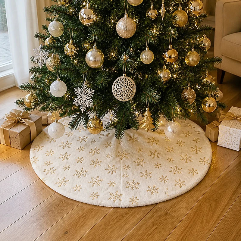 Saia para árvore de Natal com flocos dourados em sala iluminada