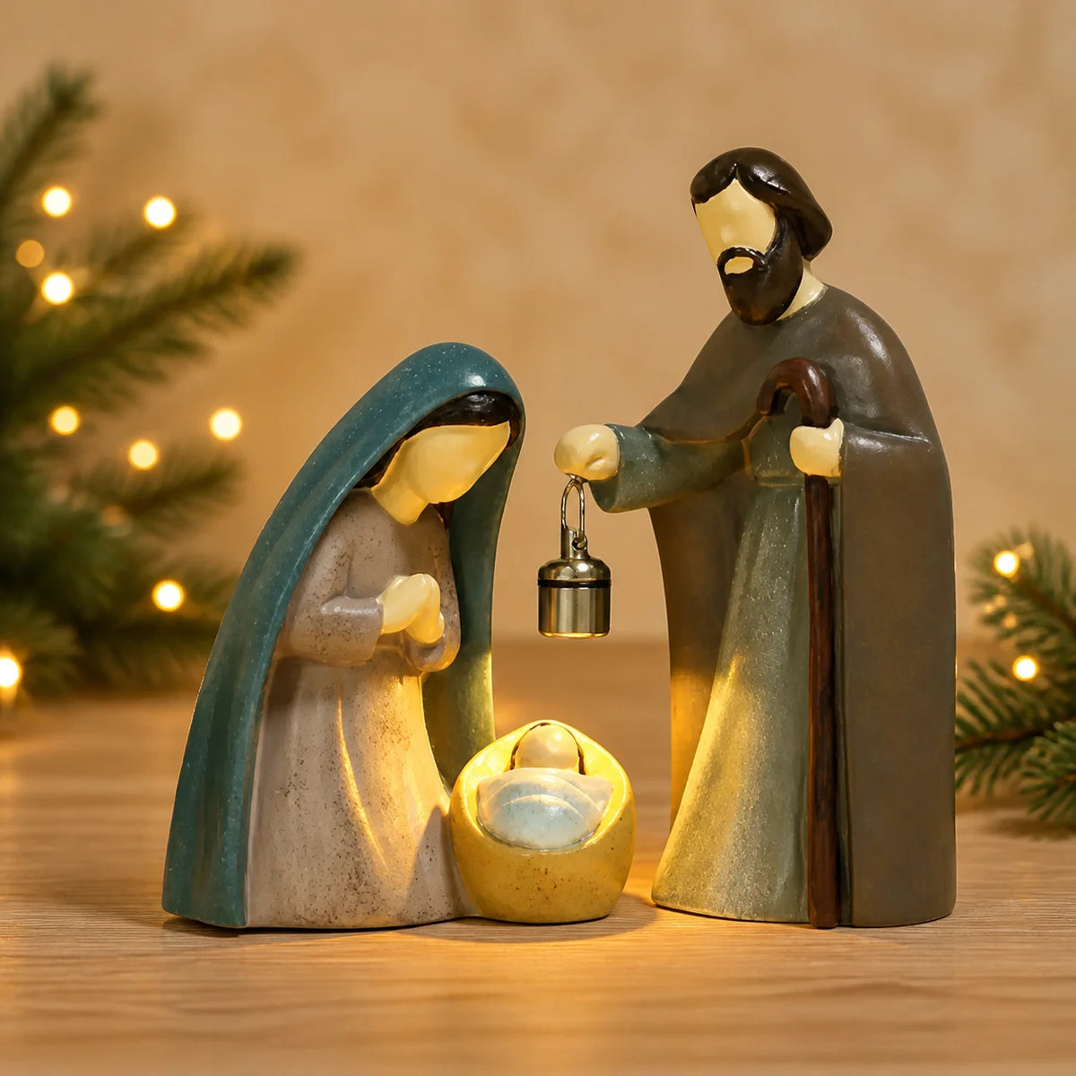 Presépio de Natal Iluminado em Resina 2 Peças Lumi Homi em cenário natalino acolhedor