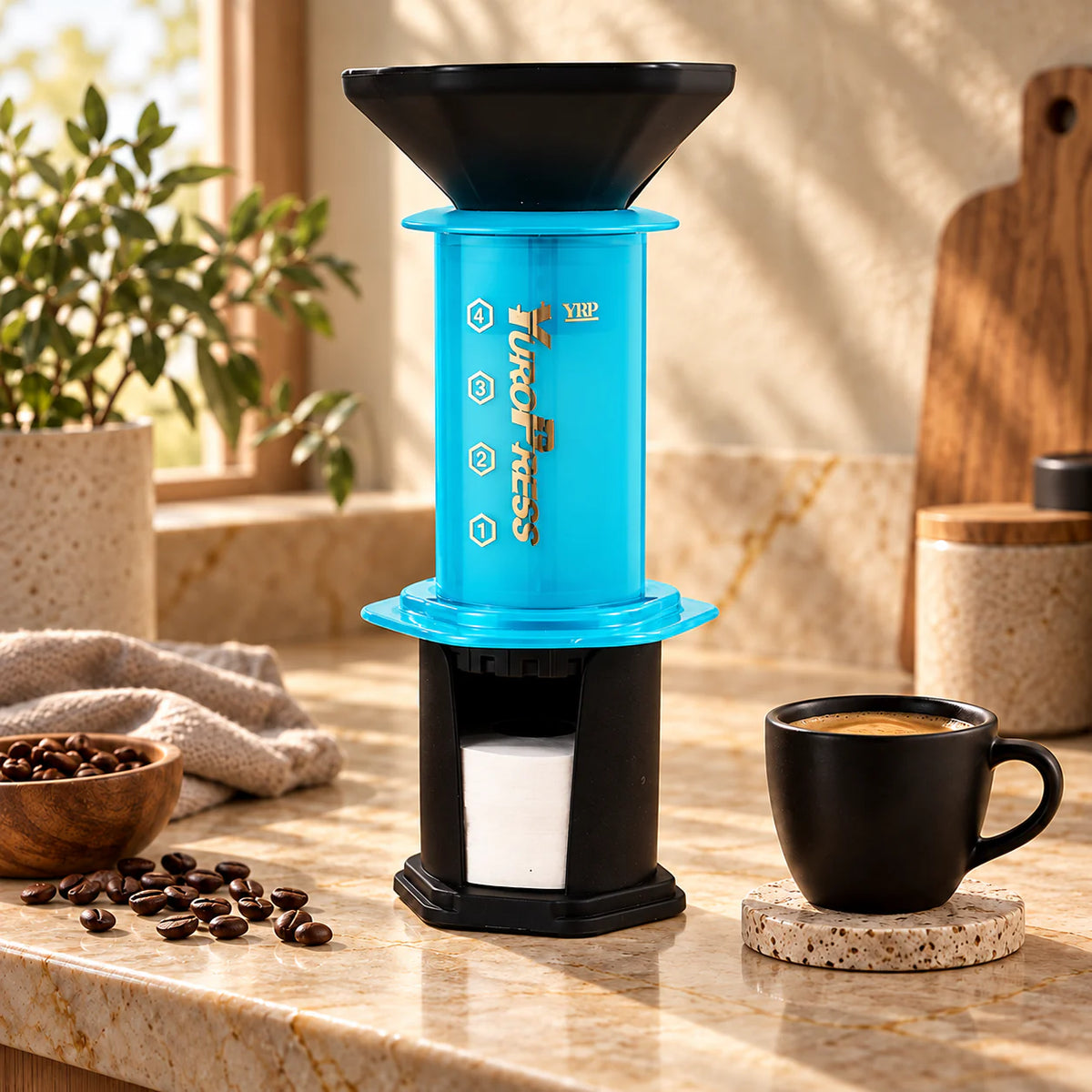 Aeropress Cafeteira YuroPress Azul em bancada de cozinha com caneca e grãos de café