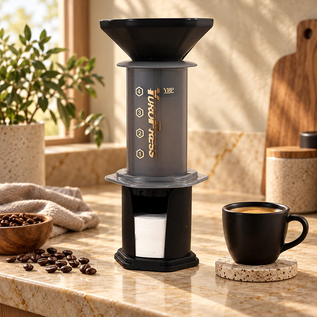 Aeropress Cafeteira YuroPress Cinza em bancada de cozinha com caneca preta e grãos de café