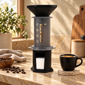 Aeropress Cafeteira YuroPress Cinza em bancada de cozinha com caneca preta e grãos de café