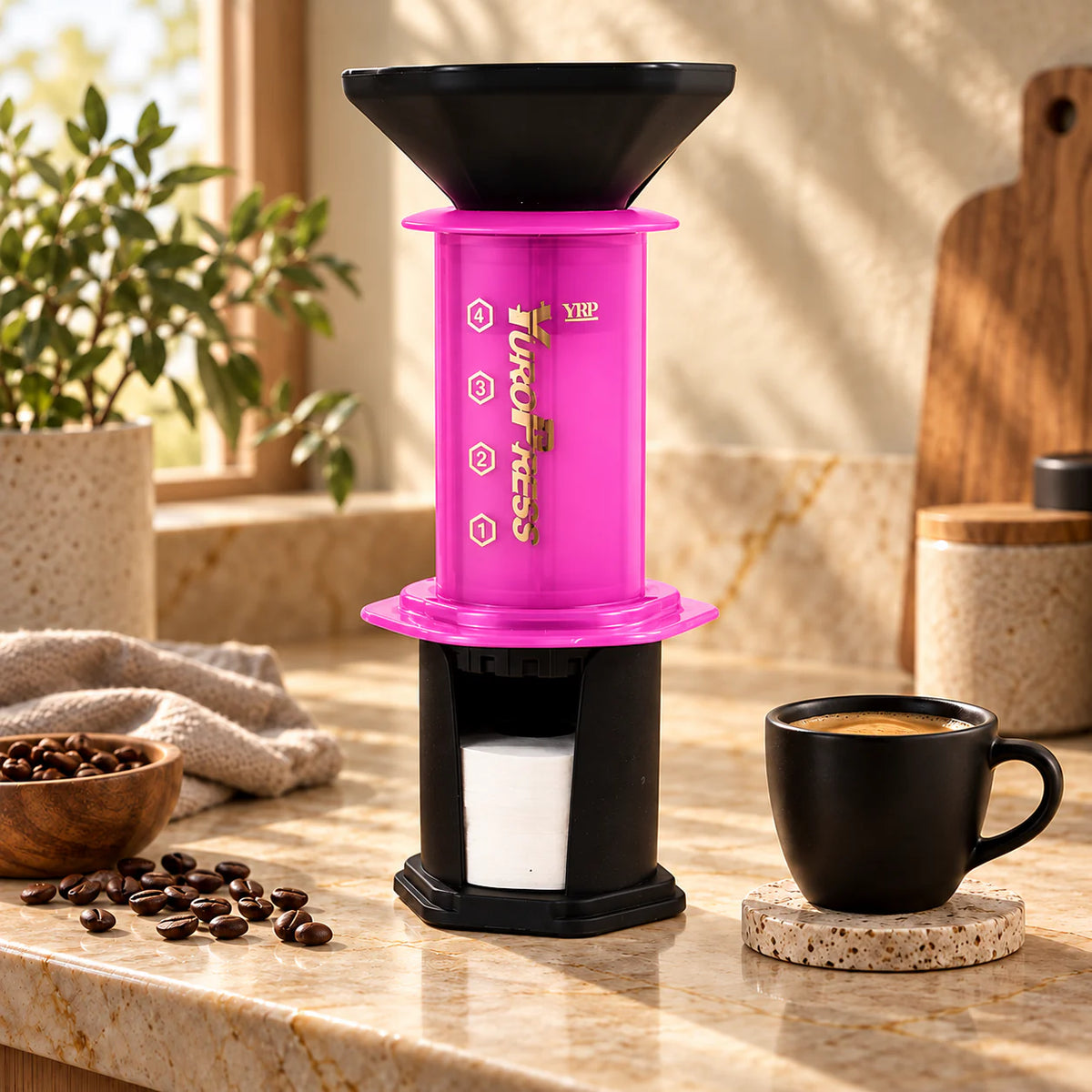 Aeropress Cafeteira YuroPress Rosa para começar com leveza