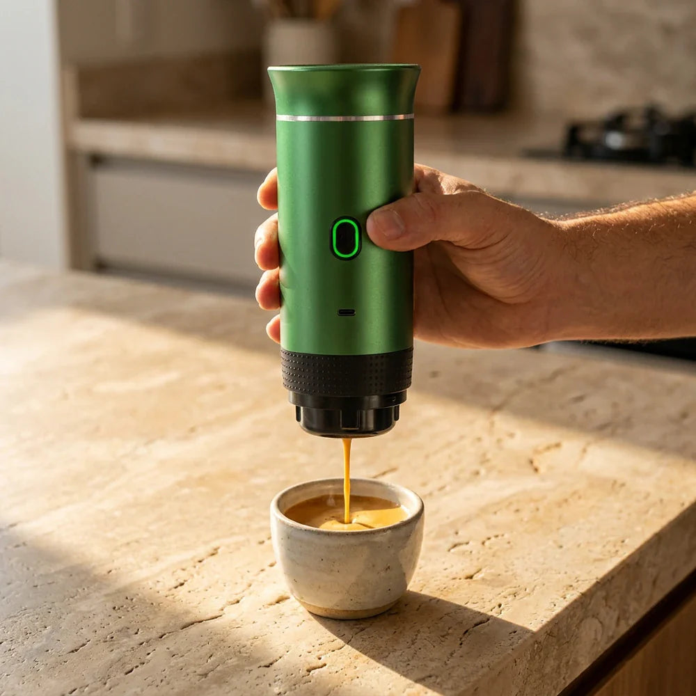 Cafeteira portatil verde servindo espresso em xicara