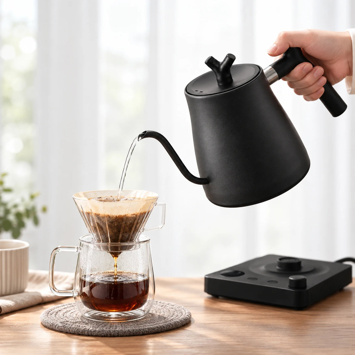 Chaleira elétrica Veneza preta servindo café coado