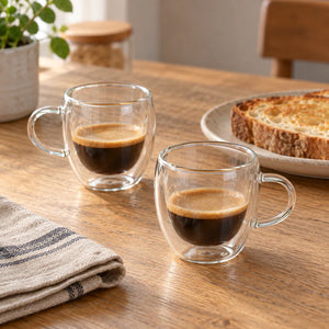 Duas xícaras de vidro com alça e espresso em mesa de café da manhã com pão e guardanapo