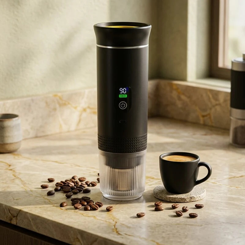 Cafeteira portatil preta com visor em bancada com xicara de espresso