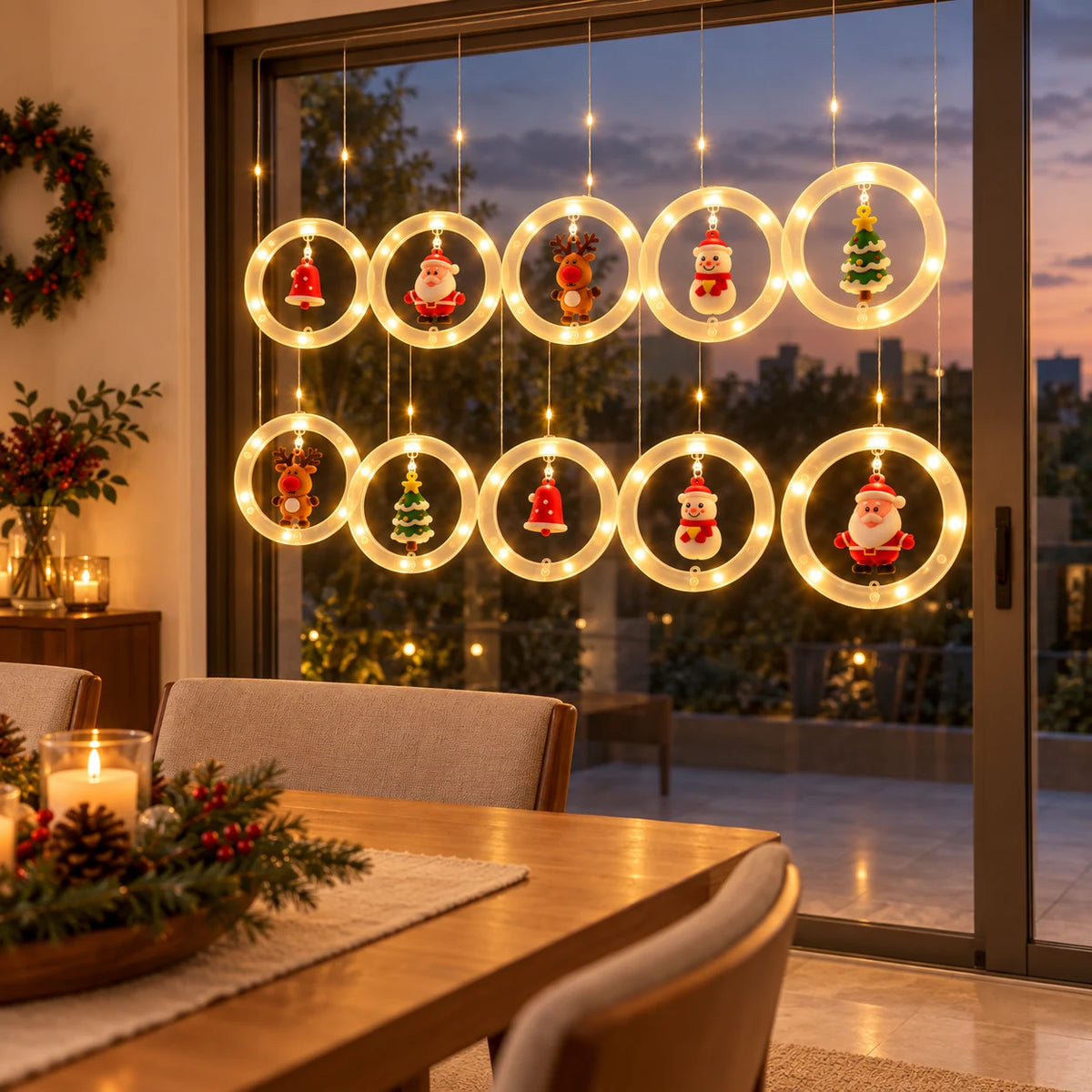 Cortina de luzes com 10 aros iluminados em sala de jantar