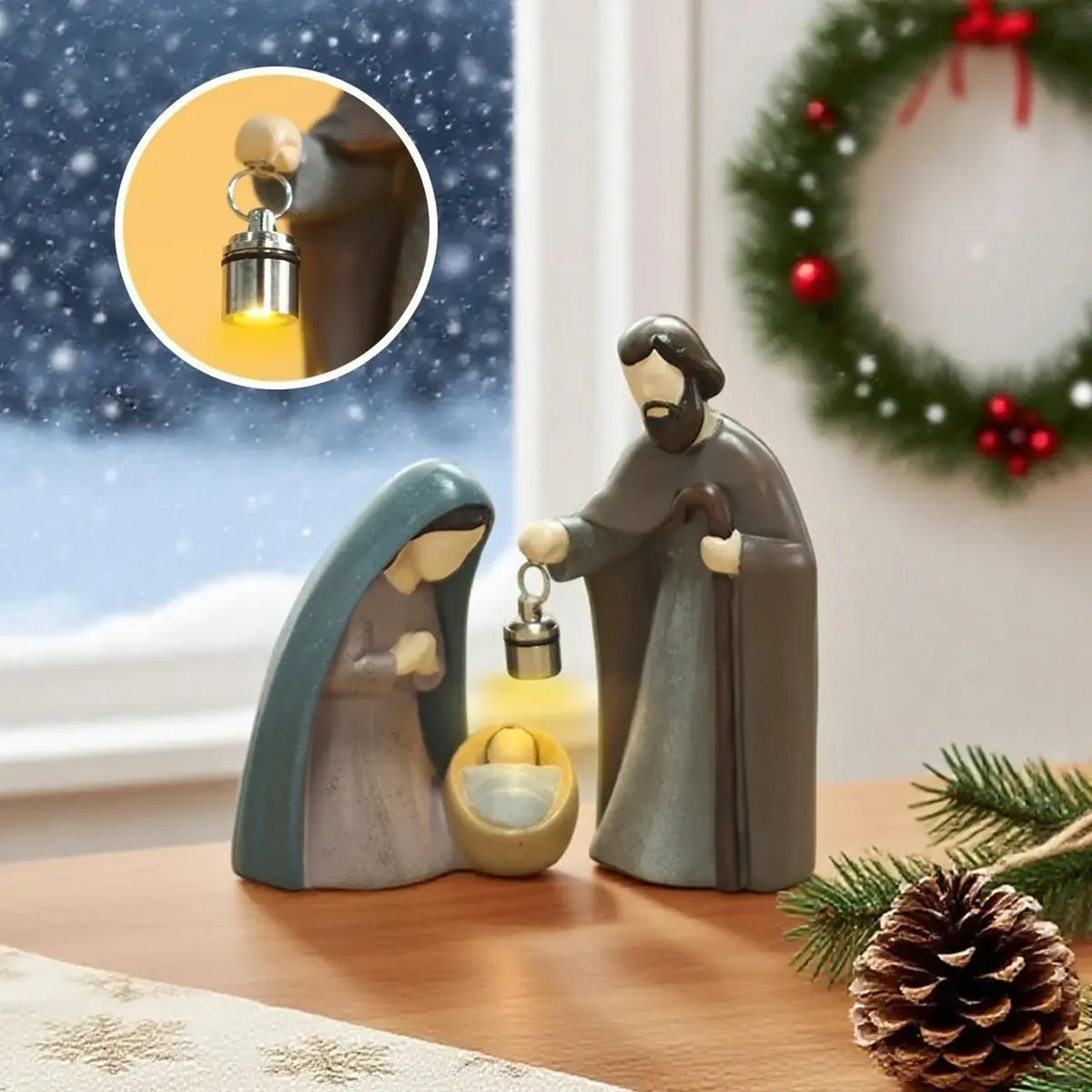 Presépio de Natal iluminado com duas peças próximo à janela