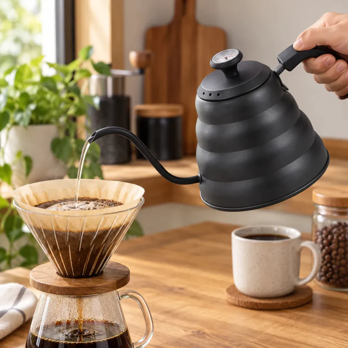 Chaleira Bico de Ganso Inox Preta Lugano Lumi Homi vertendo água no preparo de café coado
