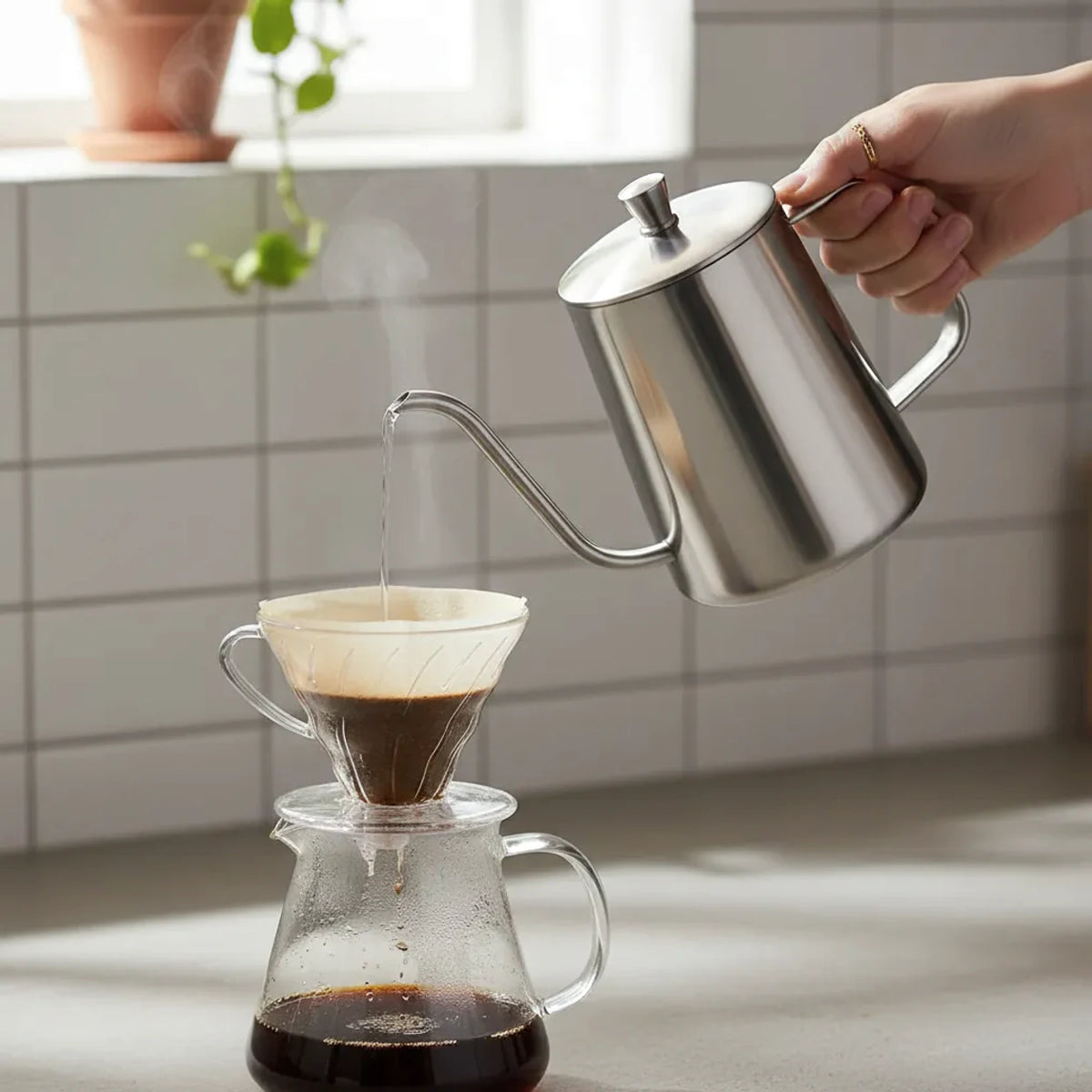 Chaleira Bico de Ganso Inox Prata Sion de 600 mL servindo café coado