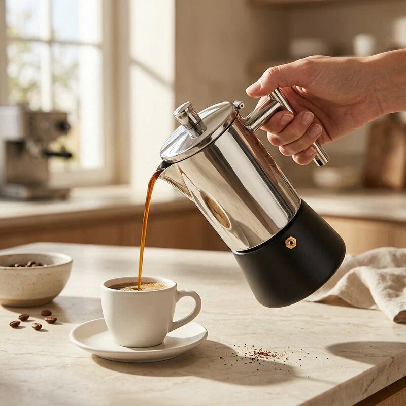 Cafeteira italiana Capri servindo cafe moka em xicara branca