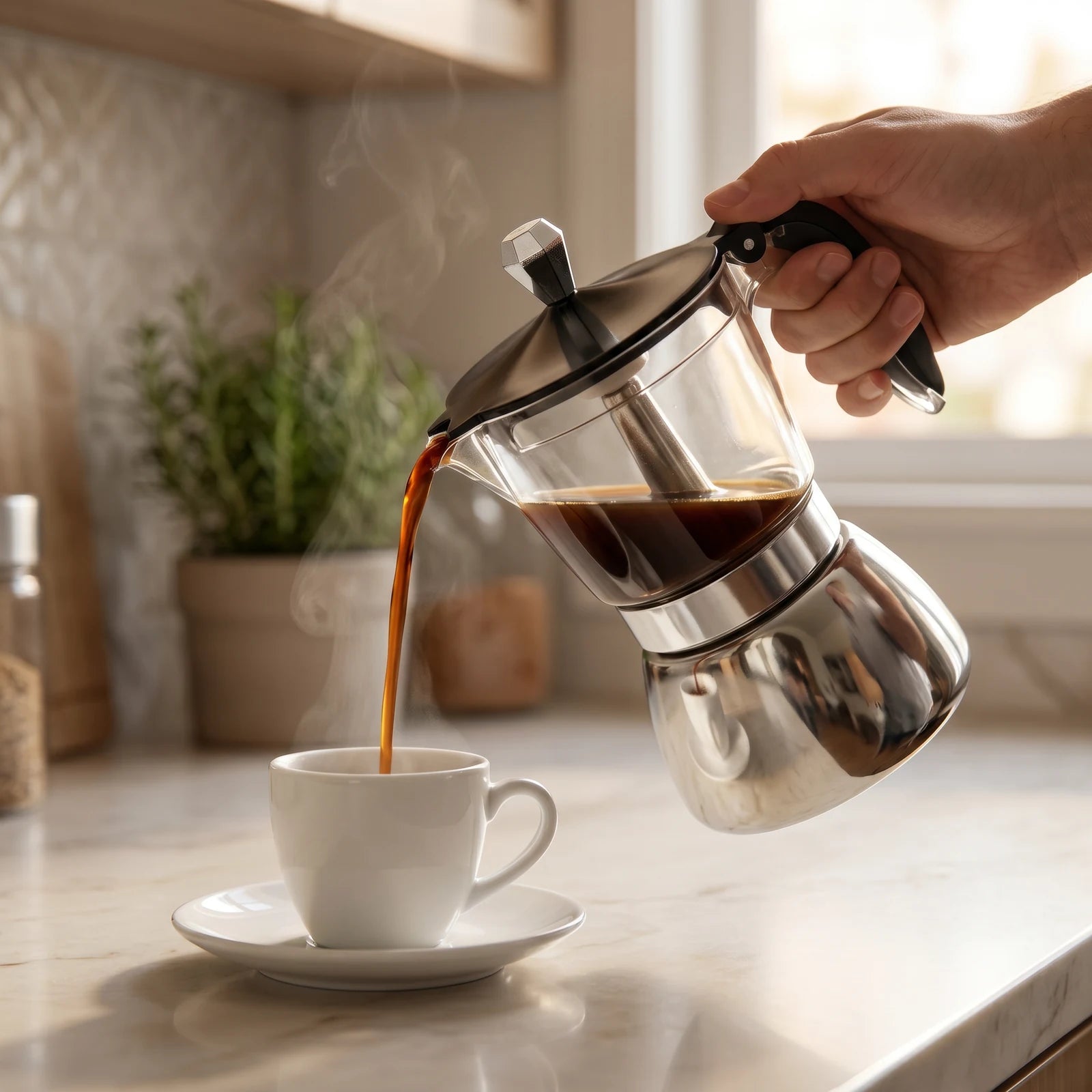Cafeteira italiana Milano servindo cafe em xicara