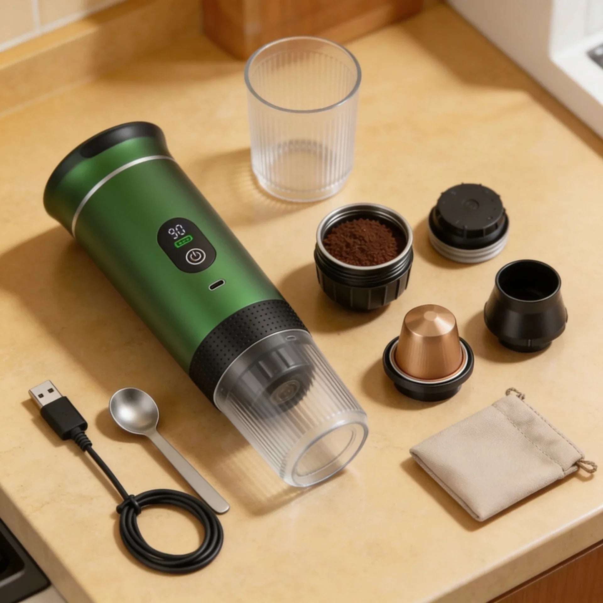 Cafeteira portátil verde com visor, copo removível e kit organizado sem detalhe amarelo no topo